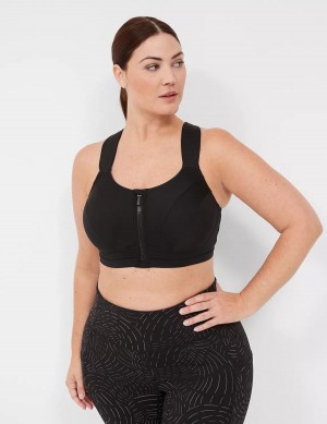 Women Lane Bryant LIVI Max Support Comfort Zip-Front Sports Bra Black | UNX7095PC