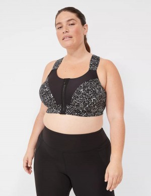 Women Lane Bryant LIVI Max Support Comfort Zip-Front Sports Bra Black | OYE6895KP