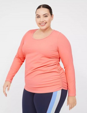 Women Lane Bryant LIVI Scoop-Neck Ruched Wicking Rib Top T Shirts Coral | ZHI1092GK