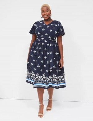 Women Lane Bryant Lena V-Neck Level-Hem Midi Dress Blue | FEC9811WF