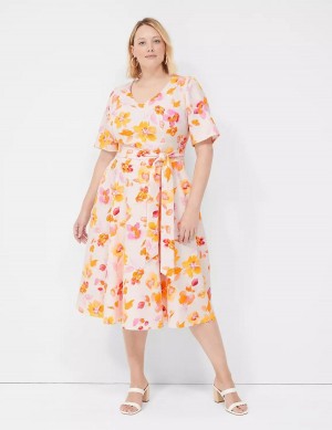 Women Lane Bryant Lena V-Neck Level-Hem Midi Dress Pink Orange | EVH8619ZE