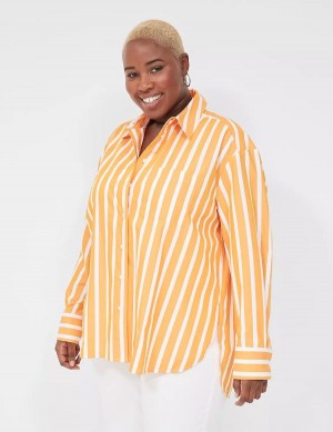 Women Lane Bryant Long-Sleeve Button-Down Boyfriend Shirts Orange Stripes | JKB208VU