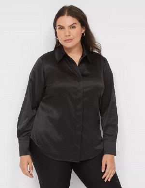 Women Lane Bryant Long-Sleeve Button-Down Satin Shirts Black | NMX6371HW