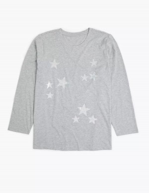 Women Lane Bryant Long-Sleeve Stars Graphic Tee T Shirts Grey | QYR7199XO