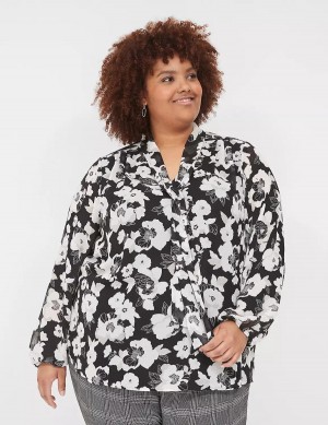 Women Lane Bryant Long-Sleeve Tie-Neck Popover Blouse Black White | OBG2629SB