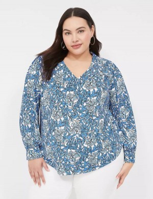 Women Lane Bryant Long-Sleeve V-Neck Blouse Blue | SLO9191VW