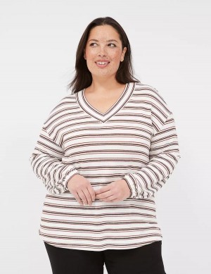 Women Lane Bryant Lurex Blouson-Sleeve V-Neck Tunic T Shirts White Black Stripes | QRX8145WY