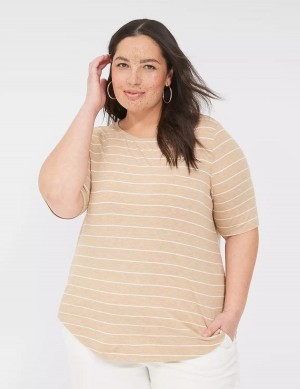 Women Lane Bryant Lurex Perfect Sleeve Crew-Neck Tee T Shirts Brown Stripes | CKH3527ZZ