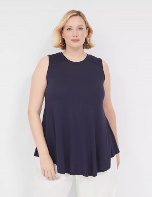 Women Lane Bryant Max Swing High-Neck Smocked-Shoulder Tunic T Shirts Blue | BAR225IT