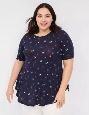 Women Lane Bryant Max Swing Perfect Sleeve Crew-Neck Tee T Shirts Navy Multicolor | RYX3975ZY