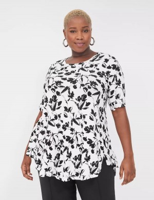 Women Lane Bryant Max Swing Perfect Sleeve Crew-Neck Tee T Shirts Black White | FCB9459EH