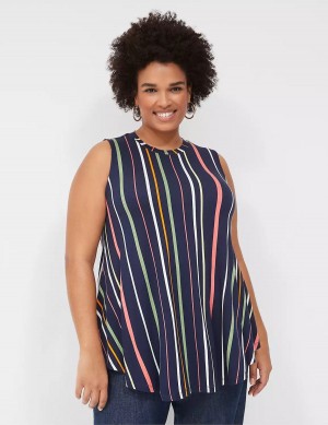 Women Lane Bryant Max Swing Sleeveless High-Neck Tunic T Shirts Navy Stripes | SVU175OQ