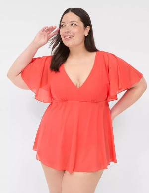 Women Lane Bryant No-Wire Flutter-Sleeve Swim Dress Coral | EJU7286YG