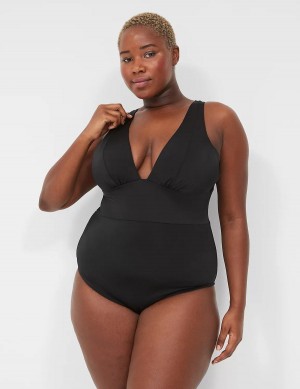 Women Lane Bryant No-Wire Plunge One-Piece Swimsuits Black | ATK396UO