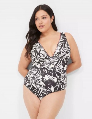 Women Lane Bryant No-Wire Plunge One-Piece Swimsuits White Black | GSP8590WZ