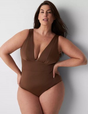 Women Lane Bryant No-Wire Plunge One-Piece Swimsuits Dark Brown | OWQ757QZ