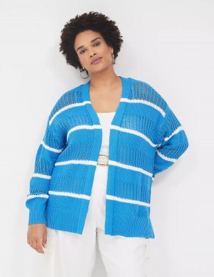 Women Lane Bryant Open Front Striped Cardigan Blue | WSX8411YW