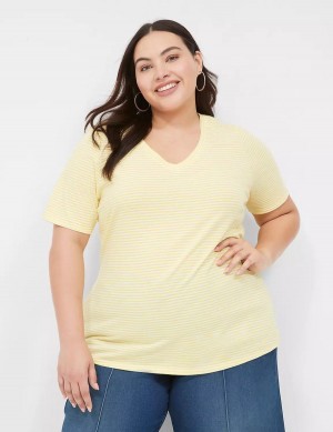 Women Lane Bryant Perfect Sleeve V-Neck Tee T Shirts Yellow Stripes | KUH8526ZV