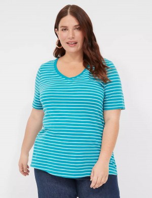 Women Lane Bryant Perfect Sleeve V-Neck Tee T Shirts Turquoise Stripes | WJP6660GC