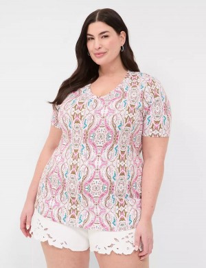 Women Lane Bryant Perfect Sleeve V-Neck Tee T Shirts Pink | QJG6037OB