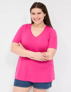 Women Lane Bryant Perfect Sleeve V-Neck Tee T Shirts Pink | KJD9781QP