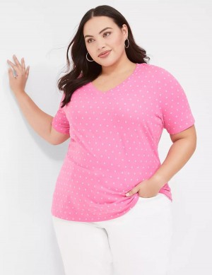 Women Lane Bryant Perfect Sleeve V-Neck Tee T Shirts Pink | MKI8591EZ