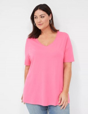 Women Lane Bryant Perfect Sleeve V-Neck Tee T Shirts Fuchsia | RAW1272AK