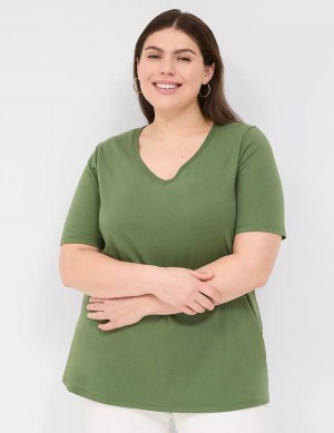 Women Lane Bryant Perfect Sleeve V-Neck Tee T Shirts Brown Green | CCN3286KN