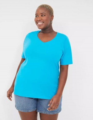 Women Lane Bryant Perfect Sleeve V-Neck Tee T Shirts Blue | GEF9551XA