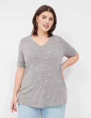 Women Lane Bryant Perfect Sleeve V-Neck Tee T Shirts Grey | RBF8688SZ