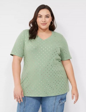 Women Lane Bryant Perfect Sleeve V-Neck Tee T Shirts Green | HLO4788RV