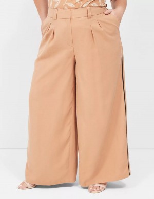 Women Lane Bryant Pleated Wide Leg With Side-Trim Pants Brown | YLK6978ML