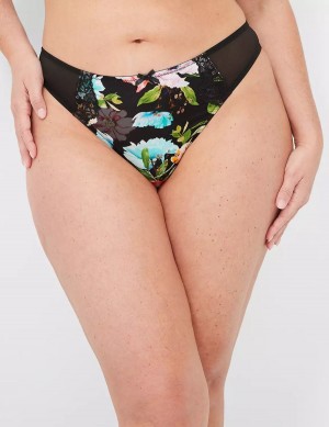 Women Lane Bryant Printed Lace-Trim Thong Panty Black | XFY7635CJ