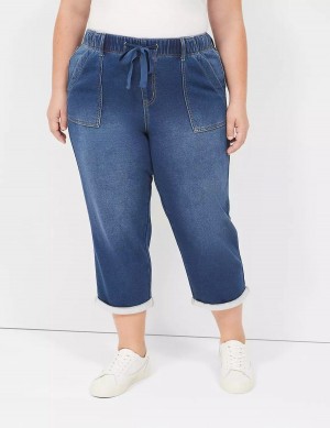 Women Lane Bryant Pull-On Fit Knit Boyfriend Capri Jeans Dark Blue | HZD273OC