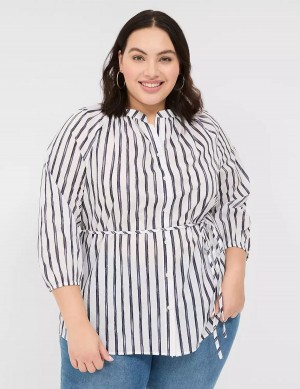 Women Lane Bryant Relaxed 3/4-Sleeve Button-Front Tunic Shirts Navy Stripes | KQA8829OS