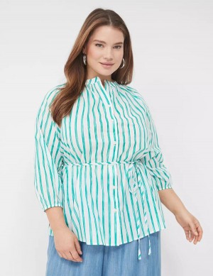 Women Lane Bryant Relaxed 3/4-Sleeve Button-Front Tunic Shirts Green Stripes | YYC891KA