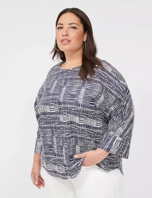 Women Lane Bryant Relaxed Crew-Neck Popover Top Blouse Navy White | MLZ4535BU