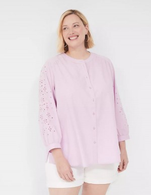 Women Lane Bryant Relaxed Eyelet-Sleeve Button-Front Blouse Purple | GTL3787CX