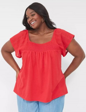 Women Lane Bryant Relaxed Eyelet-Sleeve Smocked-Neck Top T Shirts Red | KSZ5169RP