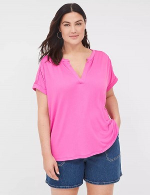 Women Lane Bryant Relaxed Gauze Notch-Neck Shirts Pink | PSV5490SC