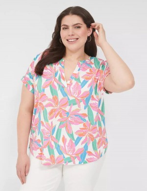 Women Lane Bryant Relaxed Gauze Notch-Neck Shirts Pink Blue | JWQ1696DB