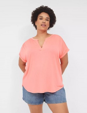 Women Lane Bryant Relaxed Gauze Notch-Neck Shirts Coral | QNO9445OD