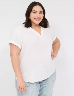 Women Lane Bryant Relaxed Gauze V-Neck Popover Shirts White | AEO6859MI