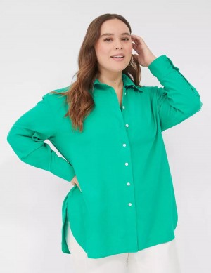 Women Lane Bryant Relaxed Linen Button-Down Shirts Turquoise | YYF8248BR