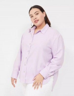 Women Lane Bryant Relaxed Linen Button-Down Shirts Purple | FBE2086WS