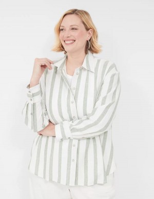 Women Lane Bryant Relaxed Linen Button-Down Shirts Olive Stripes | LEI9174AJ