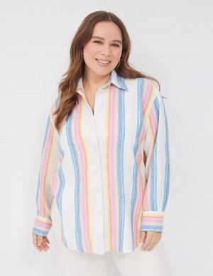 Women Lane Bryant Relaxed Linen Button-Down Shirts White Multicolor Stripes | KCX8855IK