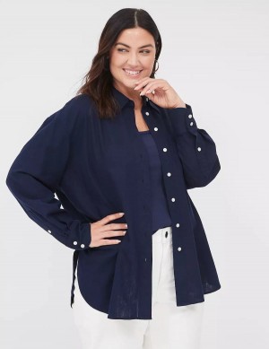 Women Lane Bryant Relaxed Linen Button-Down Shirts Blue | NAR8418GC