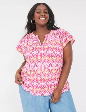 Women Lane Bryant Relaxed Notch-Neck Woven & Knit Top T Shirts Pink | EVS7470FU