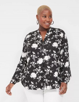 Women Lane Bryant Relaxed Satin Split-Neck Popover Shirts Black | TVB703FQ